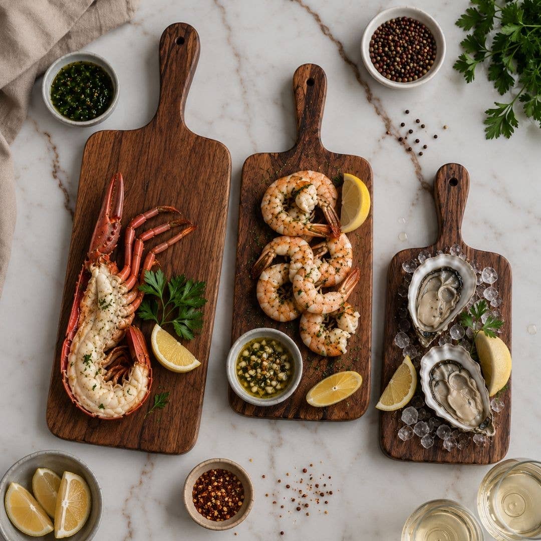 Three dark wooden serving boards arranged on a white marble surface, styled with seafood: a lobster tail on the left board, shrimp on the center board, and oysters on ice with lemon wedges on the right board. Small bowls of capers, peppercorns, parsley, and lemon slices surround the boards.
