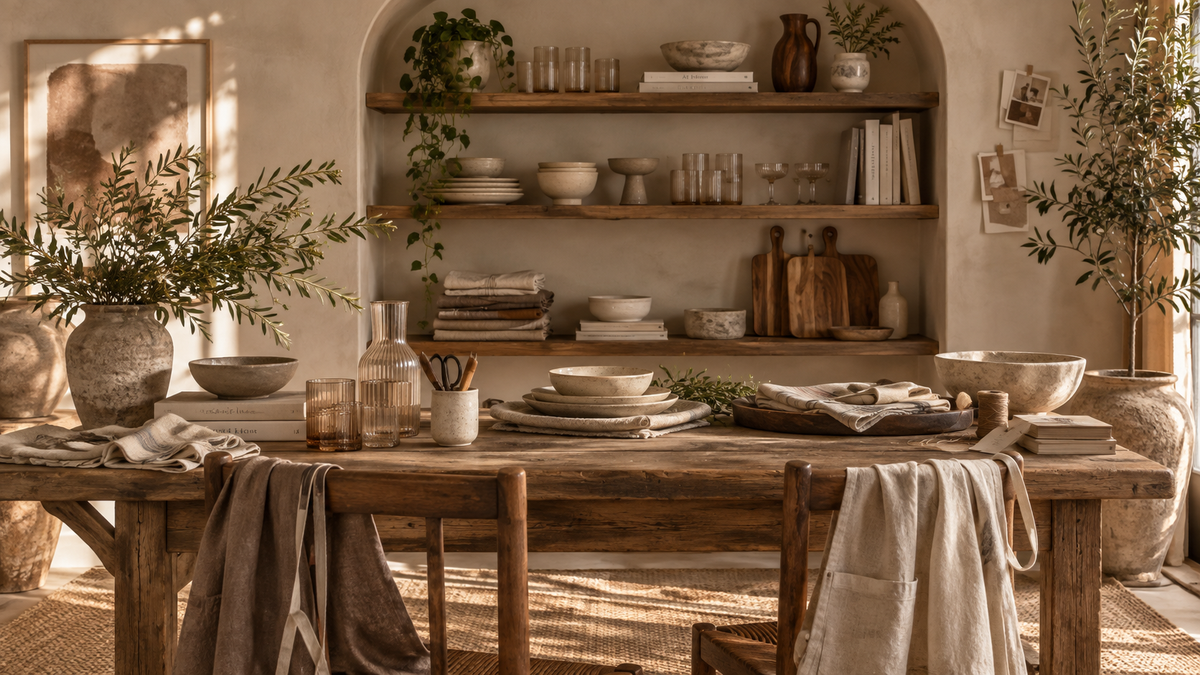 A rustic wooden dining table set in a warm, sunlit room with shelves of ceramic dishes, books, and plants in the background. A linen napkin and draped fabric hang from the table legs, creating a cozy, editorial lifestyle scene.